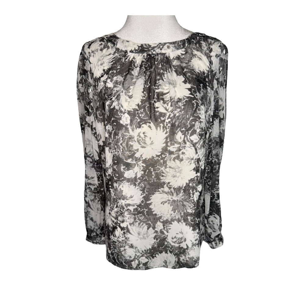 Talbots XS Floral Print Long Sleeve Blouse‎ Sheer Black White Tie Back